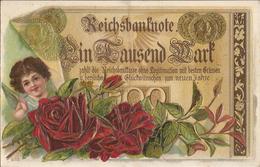 REICHSBANKNOTE  /  CARTE  FANTAISIE  GAUFRÉE  /  Représentation D ' Un Billet De Banque Et  De  Monnaies  /  Ange, Roses - Münzen (Abb.)