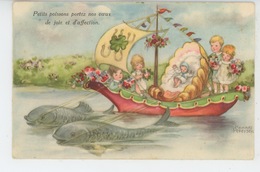 ENFANTS - Jolie Carte Fantaisie Enfants Dans Barque Tirée Par Poissons Signée HANNES PETERSEN - Petersen, Hannes