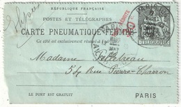 Carte Pneumatique Fermée Type Chaplain 50c Noir Taxe Réduite 30c Oblitérée Paris 1902 - Neumáticos