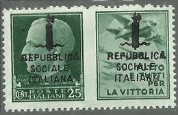 ITALIA REGNO ITALY KINGDOM REPUBBLICA SOCIALE RSI 1944 PROPAGANDA DI GUERRA FASCIO DOPPIO CENT. 25c III MNH FIRMATO - War Propaganda