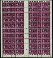 2518 N°53 A 15c Semeuse Brun-lilas Surcharge à Plat Feuille De 100 Timbres CD 23-10-25 Qualité:** Cote: 10000  - Millesimes