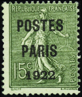 2541 N°31 15c Semeuse Lignée "Postes Paris 1922" Qualité:(*) Cote: 500  - Andere & Zonder Classificatie