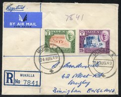 SHIHR & MUKALLA 1949 Reg Mukalla Airmail Cover To England Franked 2r & 5r, Tied Mukalla Double Ring C.d.s.'s. - Autres & Non Classés