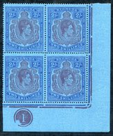 1942 2s Purple & Blue On Deep Blue Perf 14 On Ordinary Paper In M Corner Marginal Plate 1 Block Of Four, The Lower Right - Autres & Non Classés