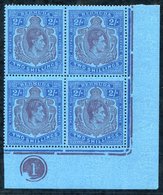 1942 2s Purple & Blue On Deep Blue Perf 14 On Ordinary Paper In M Corner Marginal Plate 1 Block Of Four, The Lower Right - Other & Unclassified