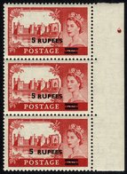 1955-60 5r On 5s Rose Red Type I Vertical Marginal UM Strip Of Three, The Lower Stamp With Wide Surcharge, SG.57 & 57a.  - Other & Unclassified