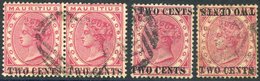 1891 2c On 4c Carmine, VFU Pair, SG.118, Single Optd Double, Another Optd Double One Inverted, Good U, SG.118/a/c. (4) C - Other & Unclassified