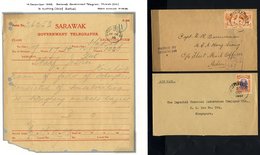 1938-77 Small Accumulation Incl. 1938 Telegram With Scarce RADIO KUCHING Cancel, 1947 Cover To Singapore & Three Registe - Altri & Non Classificati