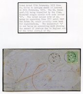 1873 (17 Feb) Envelope To Antigua Bearing 6d Yellow-green, Neatly Tied By St. Kitts C.d.s, Showing Another Strike Alongs - Other & Unclassified