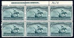 1893 3c Columbian Top Marginal UM Block Of Six (thin On Single Lower Stamp) Show A.B.C Imprint & Plate Number In Margin, - Autres & Non Classés