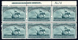 1893 3c Columbian Top Marginal UM Block Of Six (thin On Single Lower Stamp) Show A.B.C Imprint & Plate Number In Margin, - Other & Unclassified