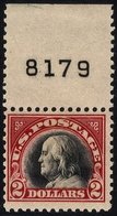 1920 $2 Black & Carmine Top Marginal With Plate Number, O.g. Heavy Hinge Remnant, Scott 347, SG.527. (1) - Autres & Non Classés