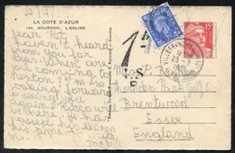 1951 July 23rd PPC From France To Brentwood, UK, Franked 15f Marianne, Bears 1d Postage Due Mark, Paid With KGVI 1d Defi - Sonstige & Ohne Zuordnung