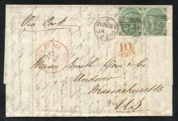 1864 Entire Letter From Dundee Via Cork To Massachusetts, USA, Franked 1s Small Corner Letters Pair, Right Stamp Creased - Other & Unclassified