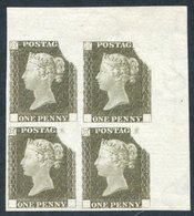 1840 1d Rainbow Trial (State 3) VF Imperf Four Margin Top Right Corner Marginal Block Of Four Printed In Drab On Thick B - Altri & Non Classificati