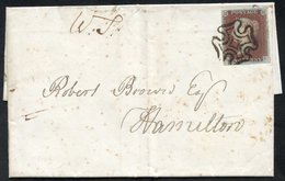 1841 March 17th Cover From Glasgow To Hamilton., Franked Pl.1b DK, Good To Large Margins, Well Tied By Black Maltese Cro - Altri & Non Classificati