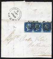1841 March 29th Part Cover From Leeds To Hathersage, Derbyshire, Franked Pl.2 MA-MC Horizontal Strip Of Three, Good To L - Altri & Non Classificati