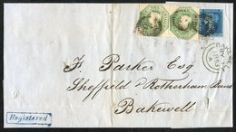 1853 Registered Outer Wrapper From London To Bakewell, Franked 1841 2d (cut Into), 1s Embossed (2), Cancelled Barred Ova - Other & Unclassified