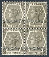 1873 6d Grey Plate 12 Fresh Unused Block Of Four Each Optd SPECIMEN Type 6, A Few Short Perfs But An Attractive Block. S - Other & Unclassified