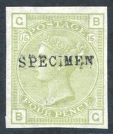 1873-80 4d Sage Green SG.153 Pl.15 Fine Unused Imperforate Example Optd SPECIMEN Type 4, Spec J64s. Cat. £525 - Other & Unclassified