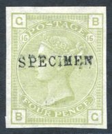 1873-80 4d Sage Green SG.153 Pl.15 Fine Unused Imperforate Example Optd SPECIMEN Type 4, Spec J64s. Cat. £525 - Altri & Non Classificati