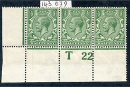 1922 ½d Deep Cobalt-green Corner Marginal Control 'T22 Perf' Strip Of Three (2 Stamps Hinged), Spec.N14(18), RPS Cert. 1 - Other & Unclassified