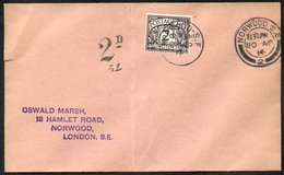 1914 Postage Due 2d Agate (SG.D4) Tied To A Cover By Norwood C.d.s. On The First Day Of Issue 20th April 1914, Envelope  - Other & Unclassified