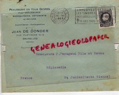 BELGIQUE-BRUXELLES- ENVELOPPE JEAN DE DONDER-PEAUSSERIE-10 RUE PLETINCKX-A PERUCAUD MEGISSERIE SAINT JUNIEN-1925 - Petits Métiers