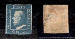 0163 ANTICHI STATI - SICILIA - 1859 - 2 Grana Azzurro Verdastro (8b) - Assottigliato Al Retro - Raro Colore - Cert. Rayb - Other & Unclassified