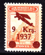 Turkey (1937) 9K On 15 Overprint For Airmail. Scott C7. MNH. - Nuovi