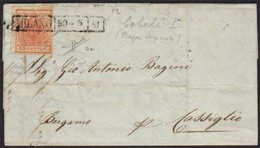 LOMBARDY-VENETIA  1851 Cover To Bergamo Franked 15c Type 1 On Ribbed Paper, Sass 14a, (Mi 3XR), Tied By Boxed Milan  20  - Other & Unclassified