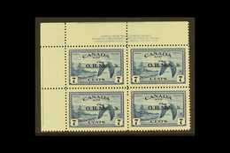 OFFICIAL  1949 7c Blue Air Canada Geese With "O.H.M.S." Overprint, SG O171, Top Left Hand Corner PLATE BLOCK Of Four Wit - Sonstige & Ohne Zuordnung