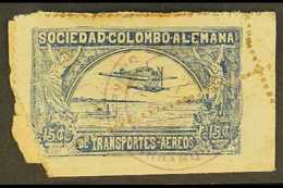 SCADTA  1920-21 15c Blue Hydroplane (Scott C13, SG 13, Michel 2), Used Example On Small Piece Showing A Spectacular PERF - Colombia