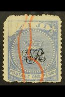 1877  1d Blue On Laid Paper With VOID CORNER, SG 31b, Used With Red Crayon Cancel, Perf Faults. A Strong Example Of This - Fidschi-Inseln (...-1970)