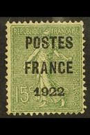 PREOBLITERES  1922 15c Olive With "POSTES / FRANCE / 1922" Precancel, Yvert 37, No Gum, Small Thin.  For More Images, Pl - Andere & Zonder Classificatie