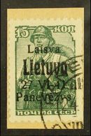 LITHUANIA.  PONEWESCH 1941 15k Dark Green With Black Overprint, Michel 6b, Very Fine Used Tied To Small Piece. Signed Kl - Andere & Zonder Classificatie