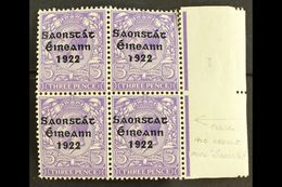 1922-23 SAORSTAT  3d Bluish Violet, Right Marginal Block Of Four, Showing NO ACCENT, SG 57a, Fresh Mint, Light Crease. F - Sonstige & Ohne Zuordnung