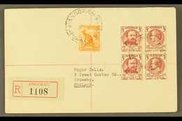 1951  (Nov) "Roger Wells" Envelope Registered To England, Bearing Australia ½d Roo And 100 Years Block Of Four Tied ANGO - Papua-Neuguinea