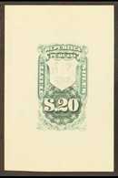 REVENUES  1870 IMPERF DIE PROOF For The 20s Value Printed In Green On Thick Card With BLANK SHIELD With Pencil Sketches  - Peru