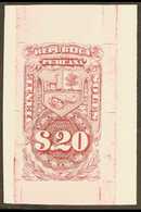 REVENUES  1872 IMPERF DIE PROOF For The 20s Value Printed In Carmine On Thick Paper, Overall Size Approx 40x60mm. Attrac - Peru