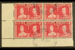 1937  New Zealand 1d Carmine (SG 599) "Coronation Issue" Used - Marginal Corner Block Of 4, SG Z54, Tied By Multiple "N. - Pitcairn Islands