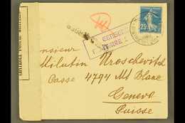 1917  (2 Nov) Censored Cover From Corfu Addressed To Switzerland, Bearing France 25c Stamp Tied By Serbian Cyrillic Cds  - Serbia