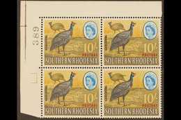 1964  10s EXTRA FEATHER Variety, SG 104a, Within Never Hinged Mint Positional Upper Left Corner BLOCK Of 4, Attractive.  - Rhodesia Del Sud (...-1964)