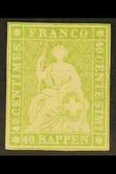1854  40r R Yellow Green, Red Thread, Sitting Helvetia, SG 37, Fresh Mint No Gum, Small Thin. Cat £1200 For More Images, - Other & Unclassified
