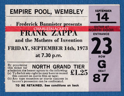 1973 RARE FRANK ZAPPA & THE MOTHERS CONCERT TICKET WEMBLEY ENGLAND - Concerttickets