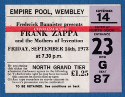 1973 RARE FRANK ZAPPA & THE MOTHERS CONCERT TICKET WEMBLEY ENGLAND - Concert Tickets