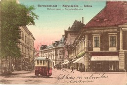 T2/T3 Nagyszeben, Hermannstadt, Sibiu; Heltauergasse. Verlag H. Commerth / Nagydisznódi Utca, Villamos, üzletek / Street - Ohne Zuordnung