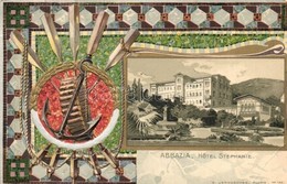 ** T3 Abbazia, Hotel Stephanie. Hajólapátos, Vasmacskás Dombornyomott, Szecessziós Litho Keret. G. Jerouscheg, Fiume No. - Non Classés