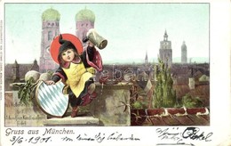 T2/T3 München, Child With Beer, Coat Of Arms, Heliocolorkarte Von Ottmar Zieher Emb. (EK) - Unclassified