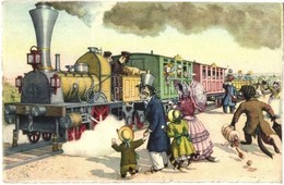 * T2/T3 Cats At The Railway Station, Locomotive. Alfred Mainzer. No. 4740. By Max Künzli - Modern Postcard (gluemark) - Non Classificati